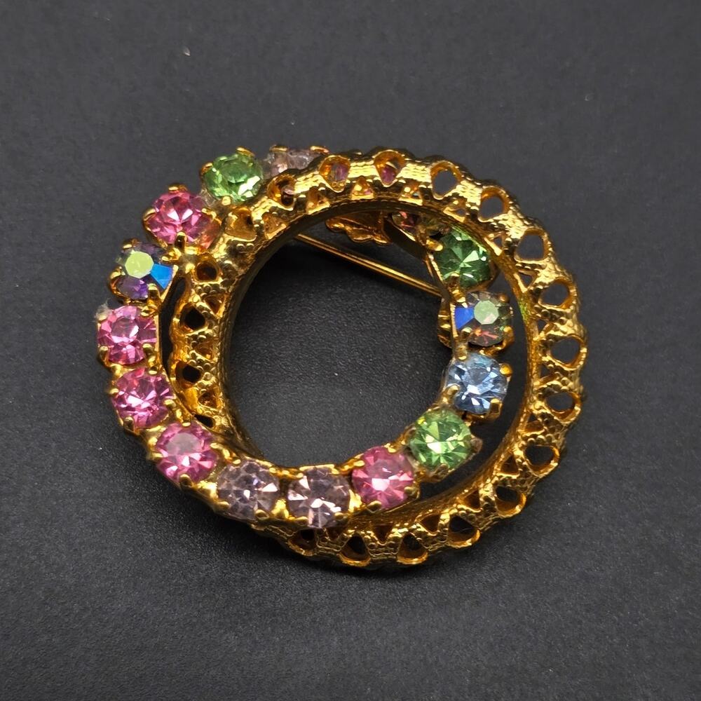 Pastel Colorful Rhinestone Brooch Glow UV Vintage Costume Jewelry